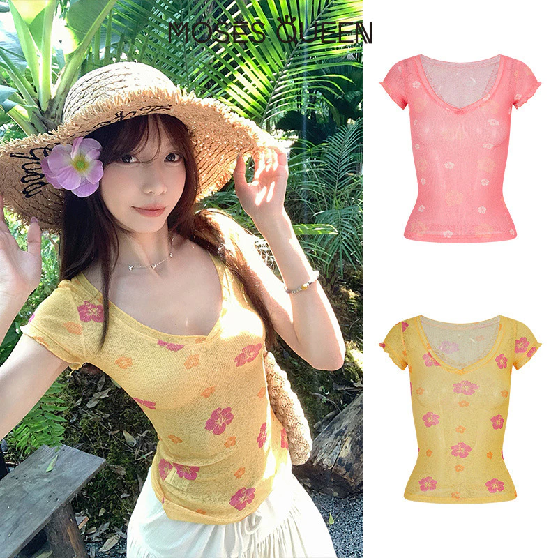 < MOSESQUEEN > มอสส์ ราชินี เสื้อเชิ้ตแขนสั้นลายดอกไม้สีชมพูช่วงวันหยุดสไตล์ฝรั่งเศสพร้อมเสื้อยืดคอปกคอวีและสัมผัส #63693