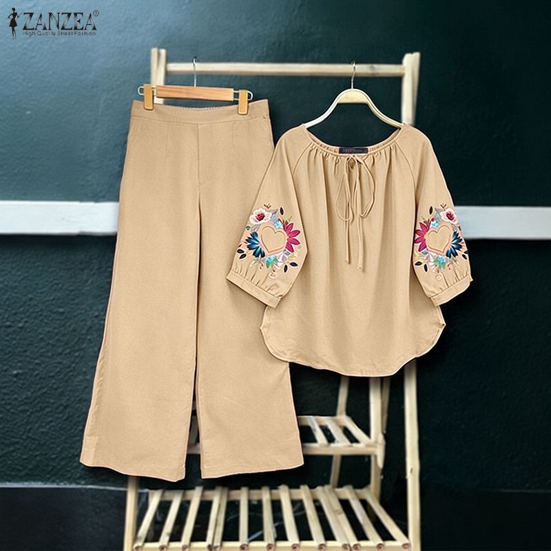 ZANZEA ใส่ ซานเซีย ผู้หญิงเกาหลีวันหยุดสบายๆลูกเรือคอผูกดอกไม้พิมพ์3/4แขนโคมไฟขากว้างชุดสองชิ้น — صورة 4