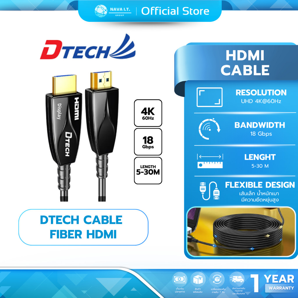 (มีส่งด่วน) DTECH สาย HDMI Fiber optic ความเร็วสูง 4K 60Hz 18 Gbps v2.0 ความยาว 5-30M รับประกัน 1 ปี