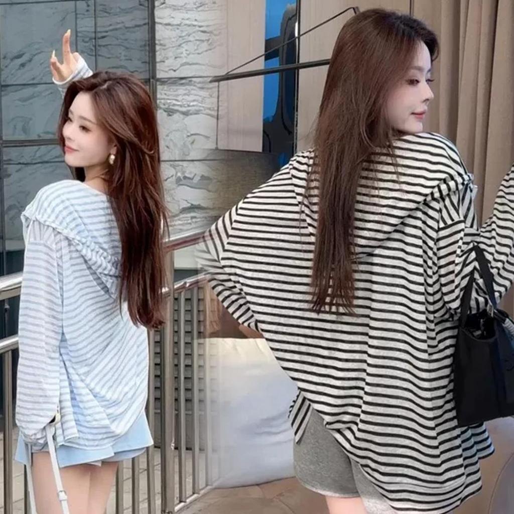 STYLE#เสื้อคาร์ดิแกนมีฮู้ดลายทางสำหรับผู้หญิง เรียบง่ายและมีสไตล์แบบอเมริกัน #99413