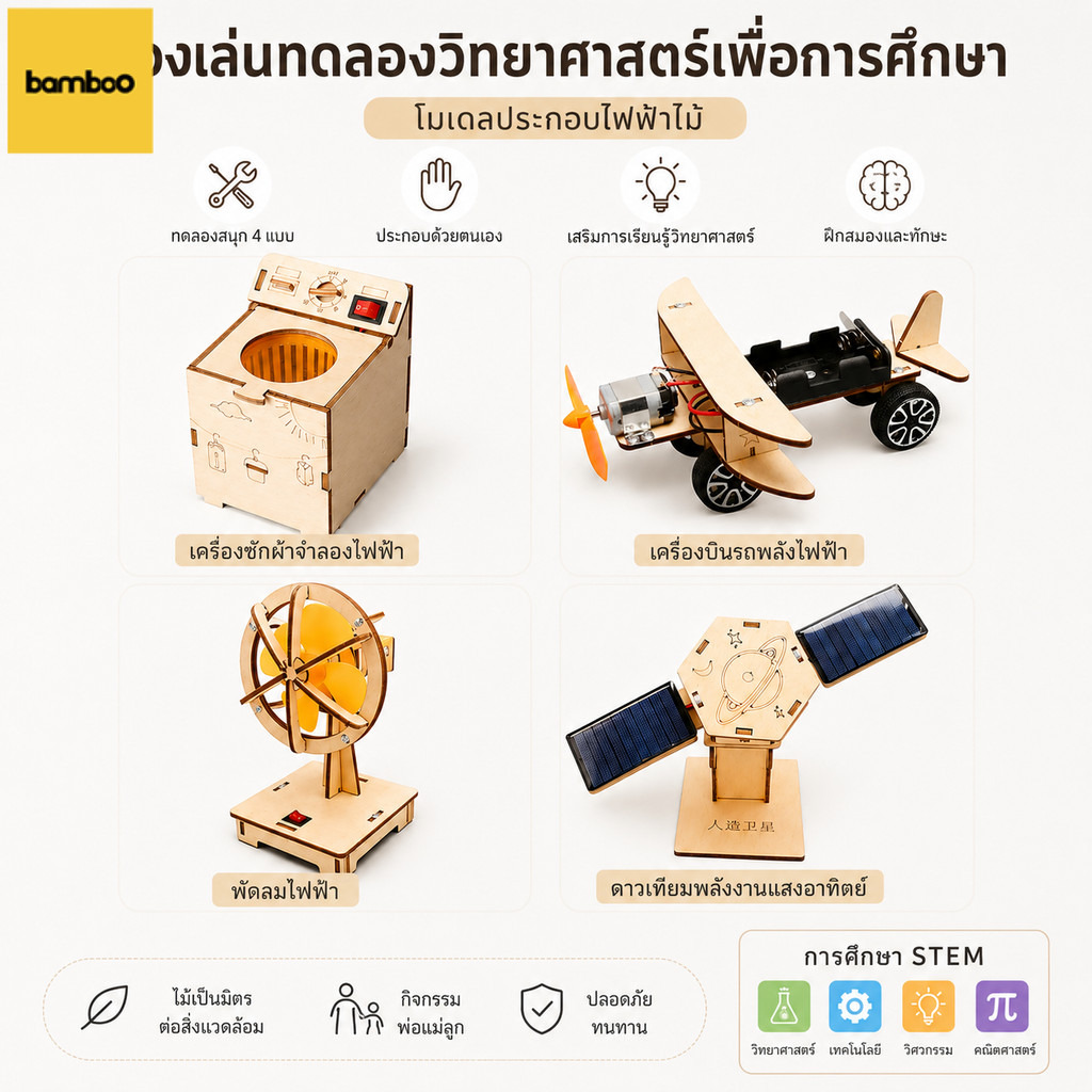 ชุดทดลองวิทยาศาสตร์ไม้ พัดลมส่ายหัวDIY/เครื่องซักผ้าไฟฟ้าDIY/เครื่องบินไฟฟ้าDIY/ดาวเทียมDIY ของเล่นฝึกทักษะวิทยาศาสตร์