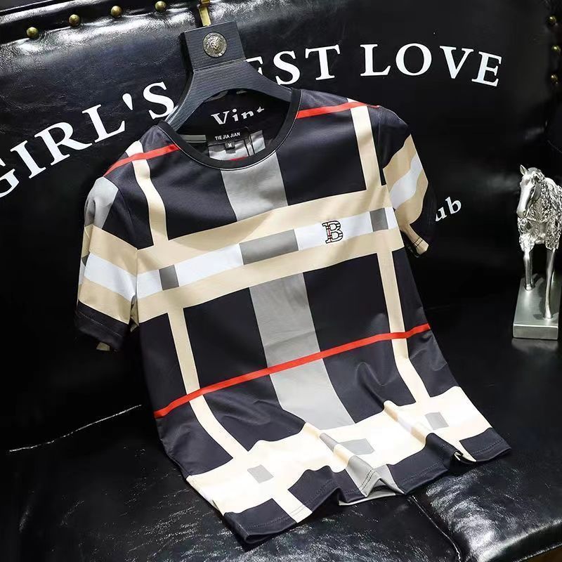 站冰爽短袖t恤男夏季新款格子印花B字母个青春潮流大码体恤12.8Station Ice Cool Short-sleeved T-shirt Men's Summer New Style Plaid 