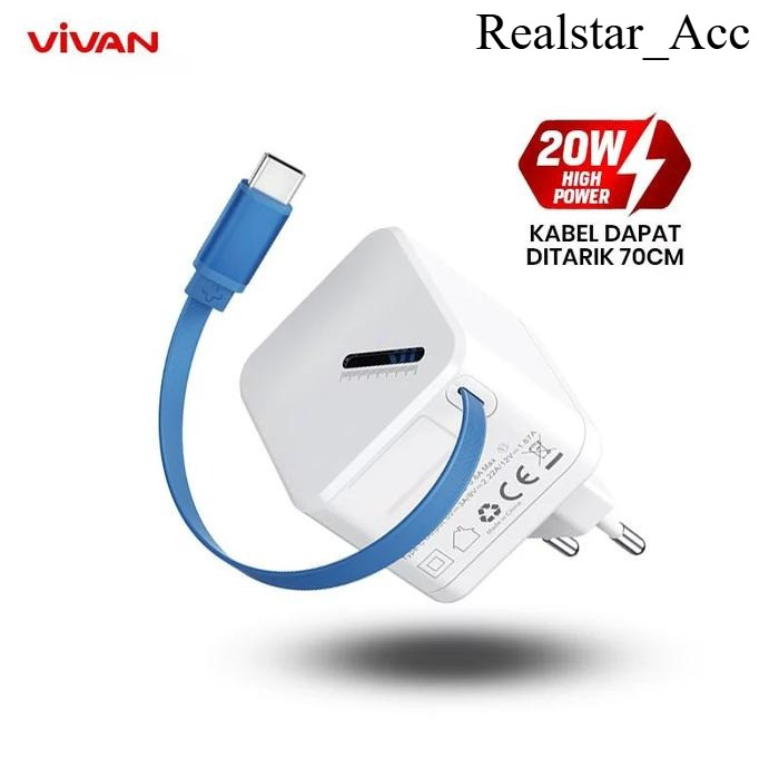 VIVAN Mini Charger Super 4S Integrated Cable Type C 70CM Fast Charging 20W 3A PD QC 3.0 ORIGINAL 100