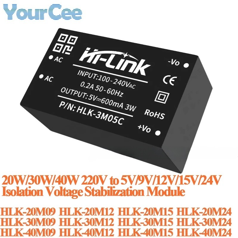 AC ถึง DC 20W 30W 40W การแยกแรงดันไฟฟ้าเสถียรโมดูล 220V ถึง 5V/9 V/12 V/15 V/24 V HLK-20M05 20M09 20