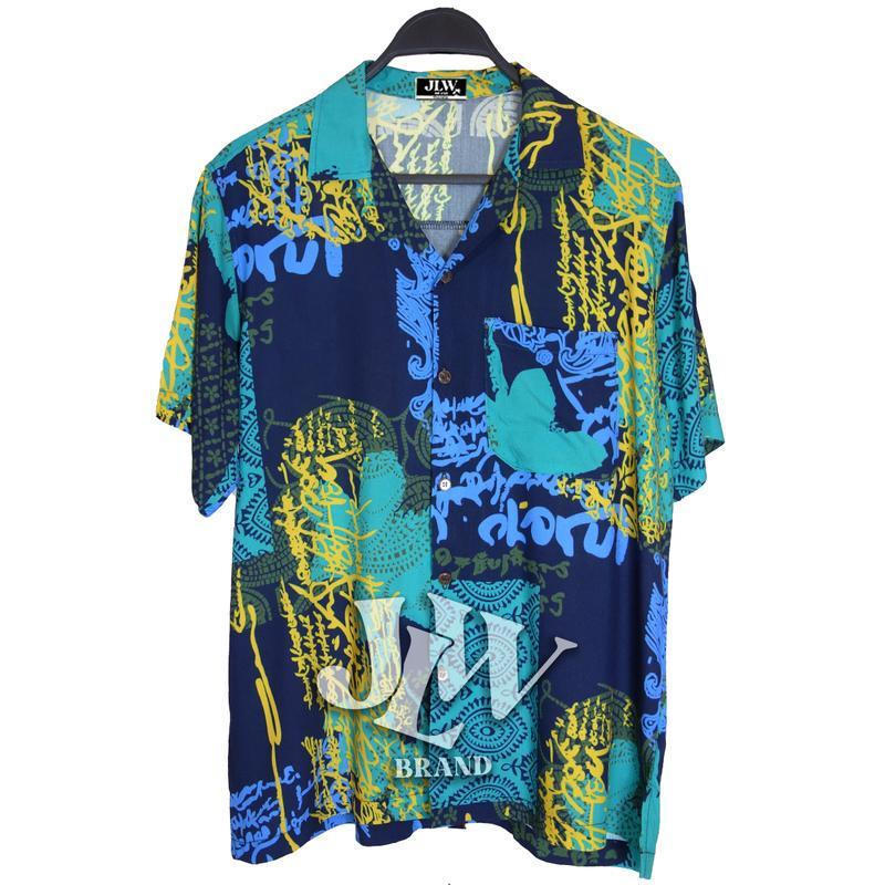 เสื้อฮาวาย ลายกราฟฟิค เขียว ผ้านิ่ม M L XL Oversize คอฮาวาย JLW BRAND