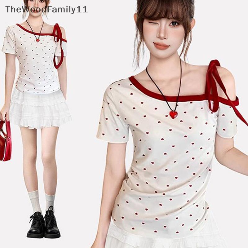 TT Summer Sweet Retro Heart Print เสื้อยืดแขนสั้นผูกเชือกสําหรับผู้หญิง TH