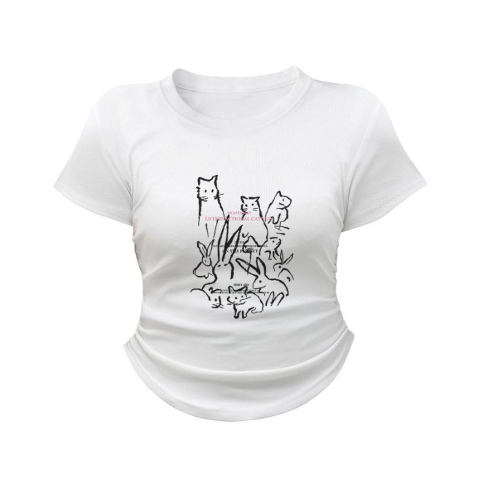 CODS1873-S1874] โพลีเอสเตอร์เกลียว] (Each Platform Free Version) เสื้อยืดแขนสั้นพิมพ์ลายจีบสองด้านฤด