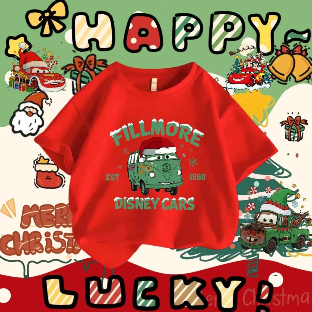 🎄🎅 เสื้อยืด Cars Christmas เสื้อยืดคอตตอน Lightning McQueen และ Mater ของขวัญคริสต์มาส ธีมคริสต์มาส 