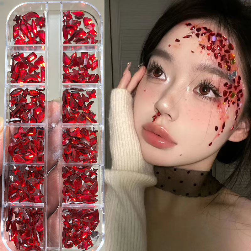 New Product#Halloween Makeup Red Irregular Diamond Blood Tears Makeup Red Diamond Face Stickers Blac