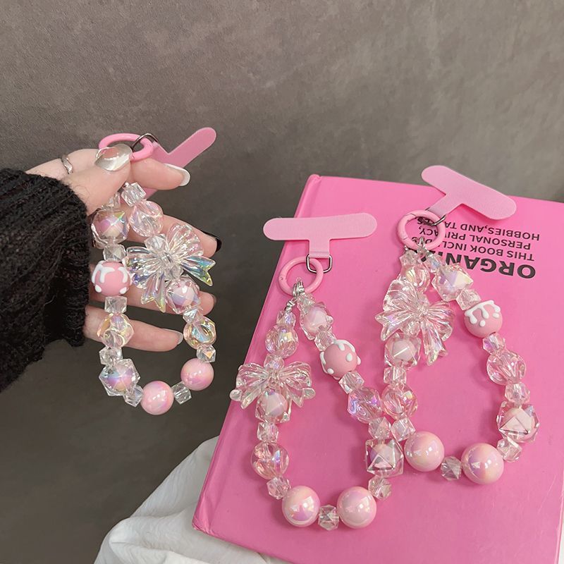 สาวหัวใจโบว์ลูกปัดเคสโทรศัพท์เชือกเส้นเล็กคริสตัลลูกปัดจี้สายรัดข้อมือกล้องพวงกุญแจโซ่แขวนโซ่