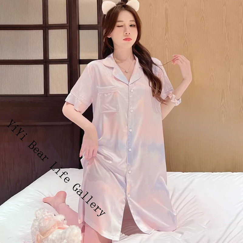 ✨(40-72.5kg) คุณภาพสูง✨ผู้หญิงฤดูร้อนบวกขนาดน้ำแข็งผ้าไหมพรีเมี่ยมสบายเย็นระบายอากาศแขนสั้นชุดนอนกระโปรง