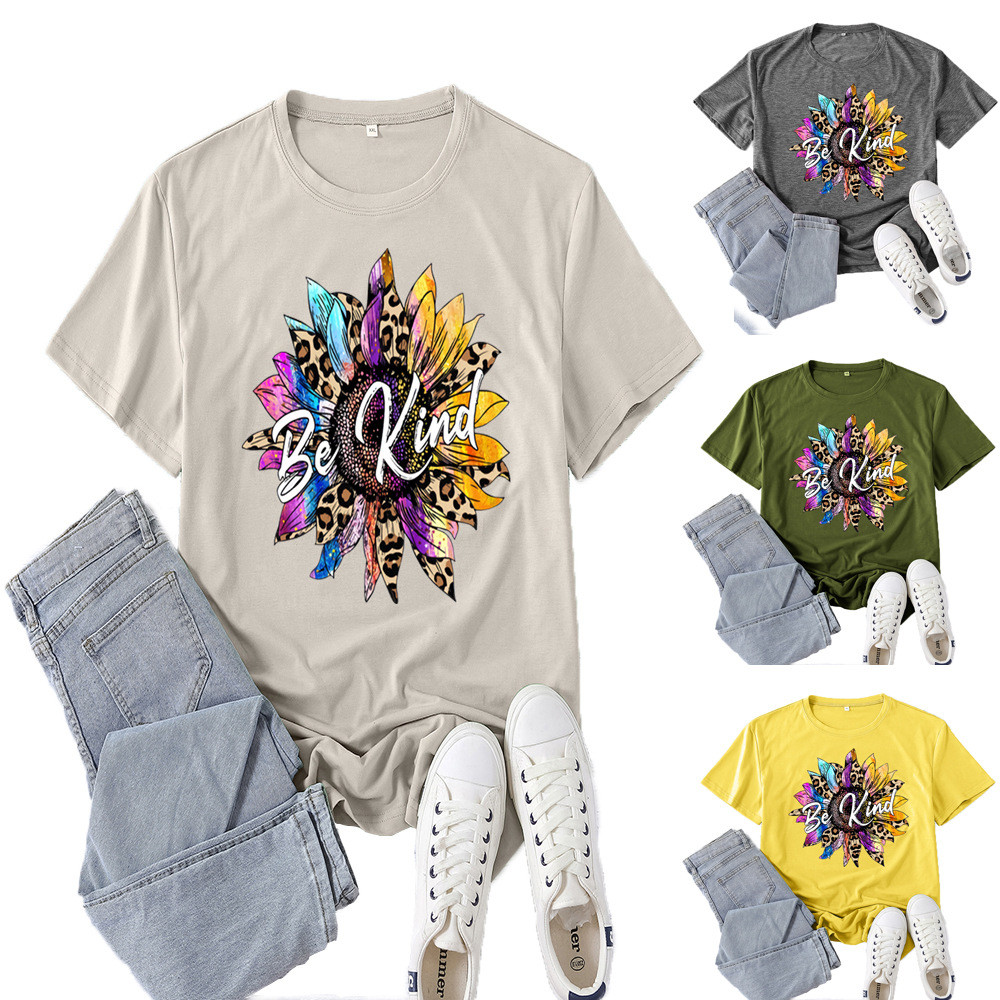 เกาหลีเกาหลี 2026 Supply be kind พิมพ์แขนสั้นสุภาพสตรีสบายๆฤดูใบไม้ผลิฤดูร้อนสบายๆหลวมรอบคอยุโรปขนาด