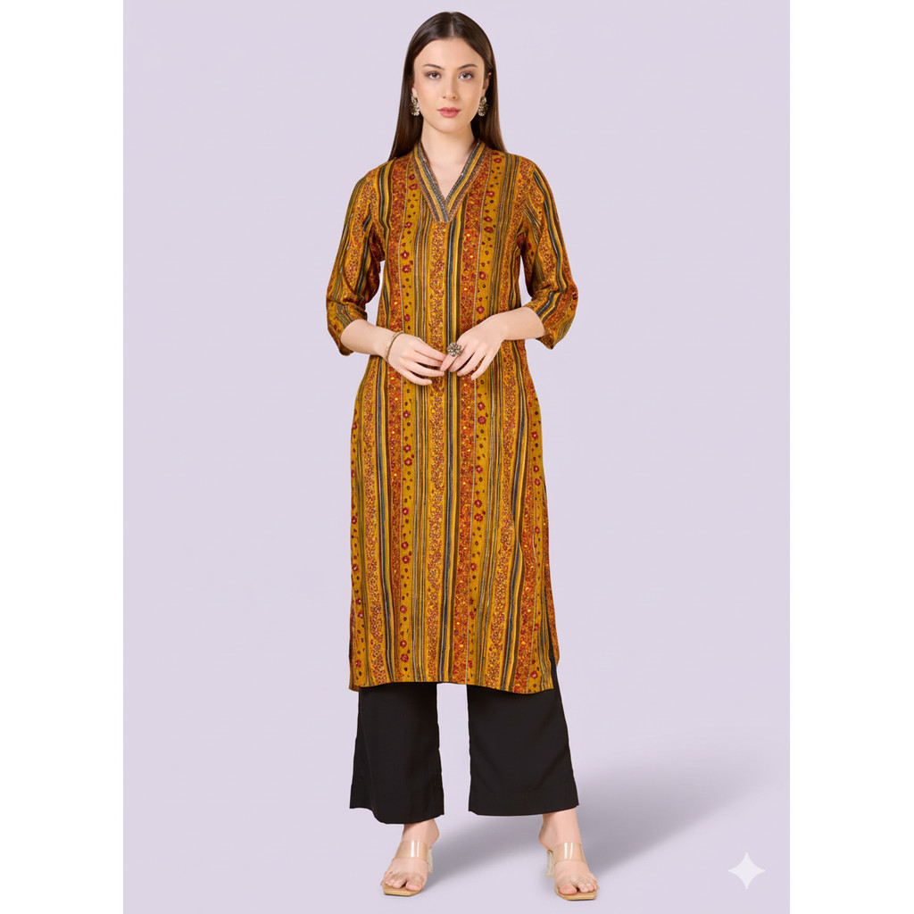 DEBAYU ลาย้เหนียวเรยอนตรง Kurti Top ชาติพันธุ์ลายพิมพ์ปักคอขนาด L ถึง 3XL PBR