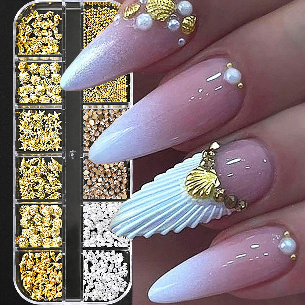 12Grid 3D Gold Ocean Rivet เล็บ Charms ผสม Seahorsea/ไข่มุก/Rhinestone เล็บ Jewery ตกแต่ง