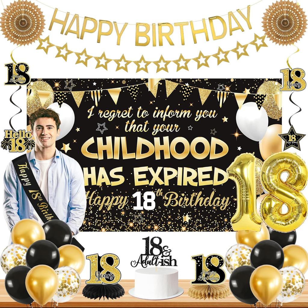 Roetyce 18th Birthday Decorative Boys Girls, Black Gold Happy 18th Birthday Banner Sash Balloons Cen
