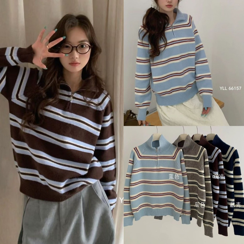 YL66157 เสื้อแขนยาวลายขวาง แต่งสลับสี แต่งซิปช่วงคอ ผ้าหนานิ่ม ใส่สบาย แฟชั่นเกาหลี TAG YLL