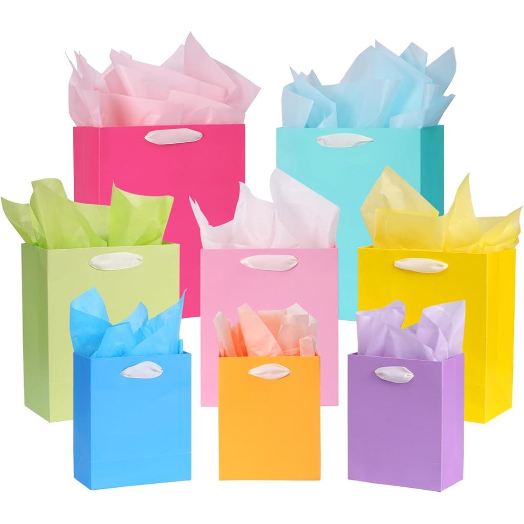 Nihuecne 8 Pack ถุงของขวัญสีสันสดใสขนาดคละพร้อมกระดาษทิชชู่สําหรับวันเกิด,อาบน้ําเด็ก,Easter and Mor