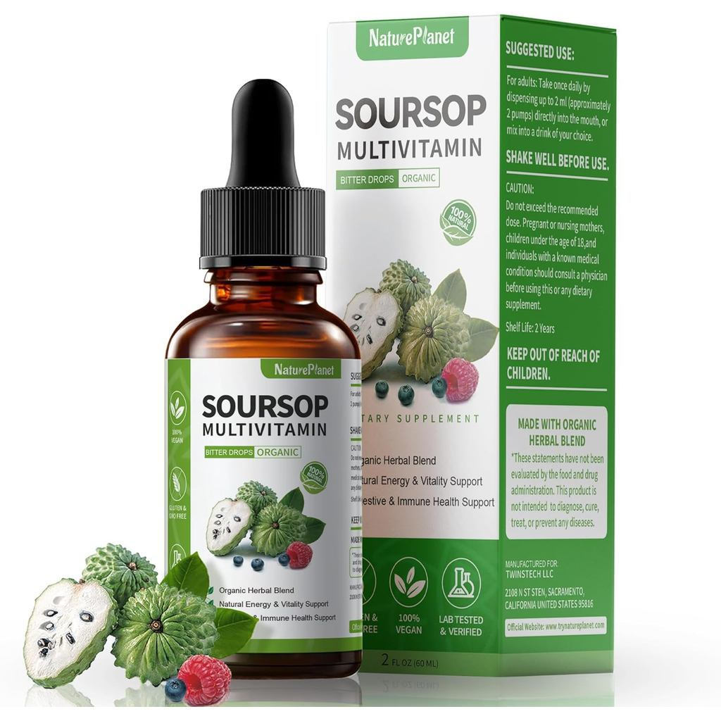 Graviola Soursop Bitters Liquid Drops with Vitamin C, D3, B6, 5000mg Soursop Fruit & Leaf Extract + 