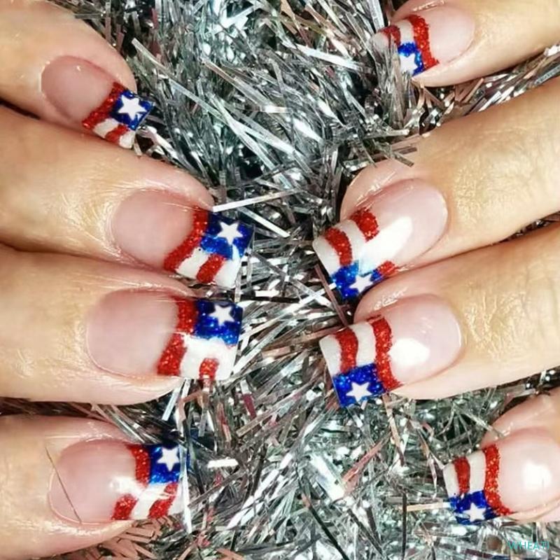 WHEATI 24x Stripes Press On Nail เล็บปลอมวันประกาศอิสรภาพ 4th of July Stick on Nail