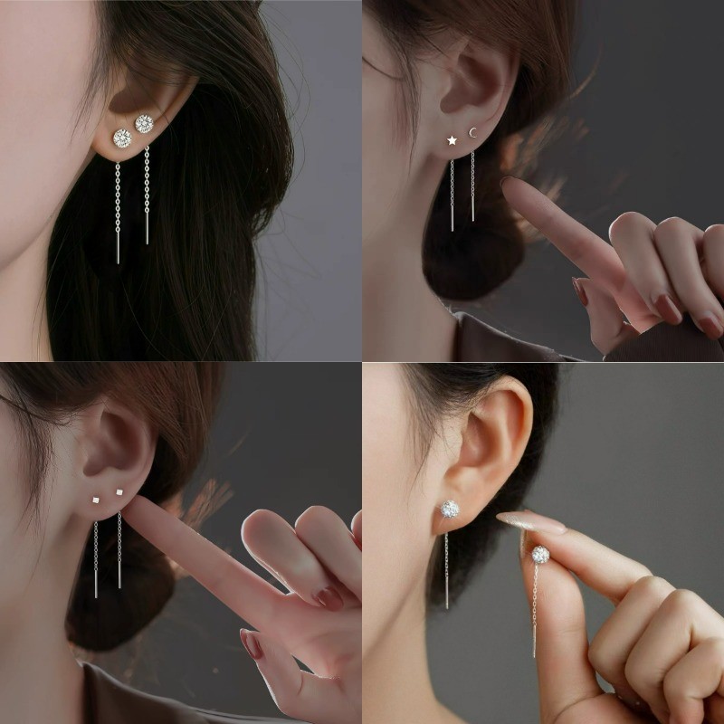 สไตล์ที่เรียบง่ายเงินเจาะหูกระดุมหูด้ายต่างหูเครื่องประดับสําหรับผู้หญิงสาว