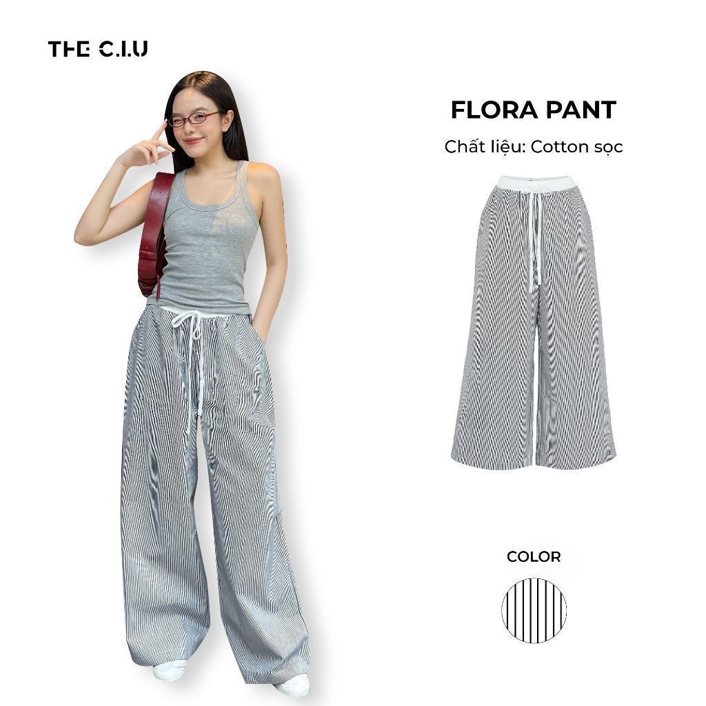 กางเกงขากว้างผ้าฝ้ายลายทาง THE CU - Flora Pants