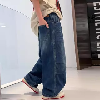 กางเกงยีนส์เด็กชายทรงแบ็กกี้ ขากว้าง ทรงหลวม เท่สายสตรีท Oversize สไตล์เกาหลี กางเกงยีนส์เด็กชายขาบานแนวฮิปฮอป WT12