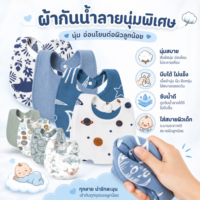 พร้อมส่ง ผ้าซับน้ำลายเด็ก (แพค 4 ผืน) ผ้ากันเปื้อนเด็ก มีกระดุมติด ผ้า ซับน้ำได้ดี