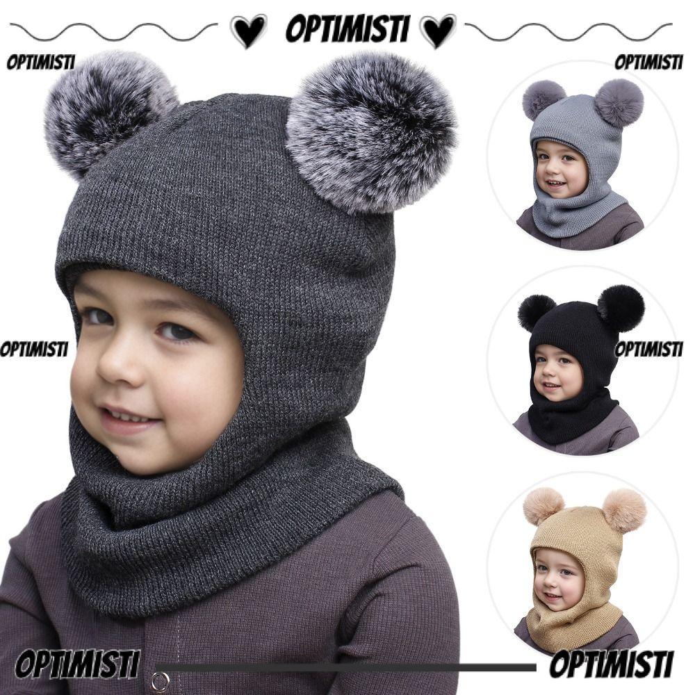 OPTIMISTI8E ผ้าพันคอหมวกชิ้นเดียว, หมวกไหมพรมเด็กน่ารัก, ลูกบอลคู่ชายหญิงป้องกันหู Pompom Ball หมวกไ