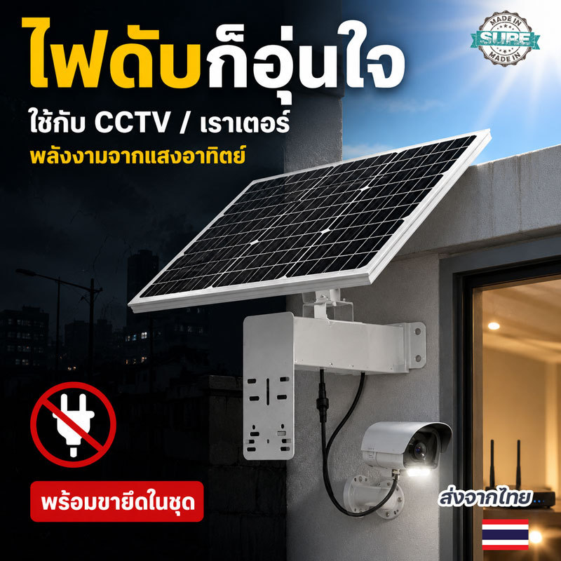 โซล่าเซลล์+แบตสำรอง 12V 45A สำหรับกล้อง CCTV เราเตอร์ ใช้ไฟฟรีต่อเนื่อง 72 ชม. พร้อมขายึดในชุด