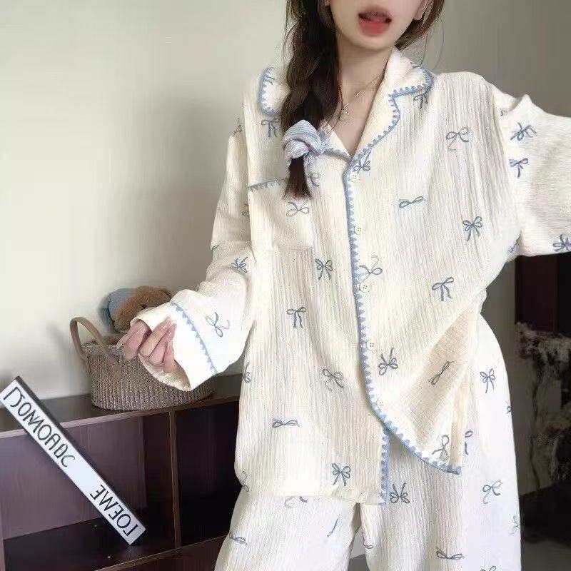 ชุดนอน ชุดนอนผู้หญิง Cloud Cotton Small Lapel แขนยาวกางเกงขายาวชุด