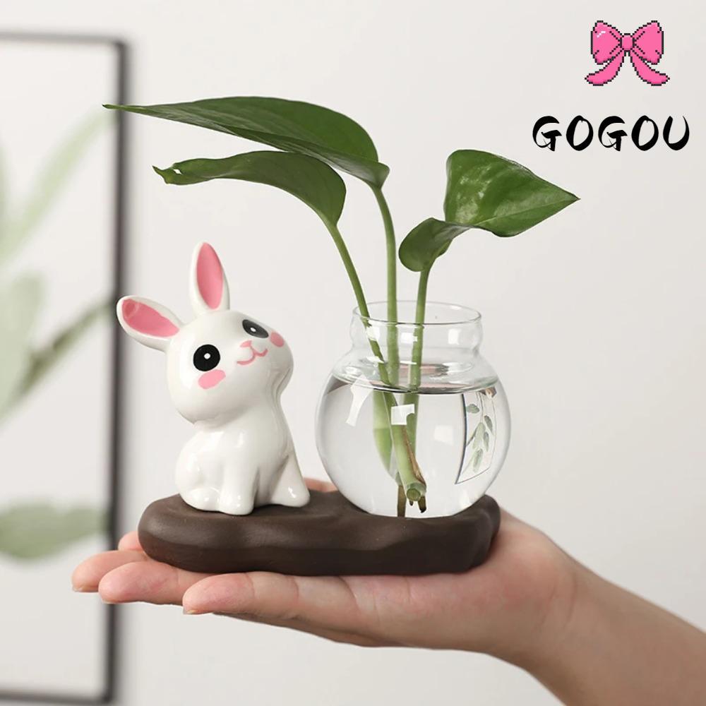 GOGOU แจกันพืชไฮโดรโปนิกส์พร้อมฐานไม้ตกแต่งโต๊ะแจกันแก้วโปร่งใสงานฝีมือตกแต่งน่ารักน่ารักกระต่ายน้ําดอกไม้ขวดบ้าน