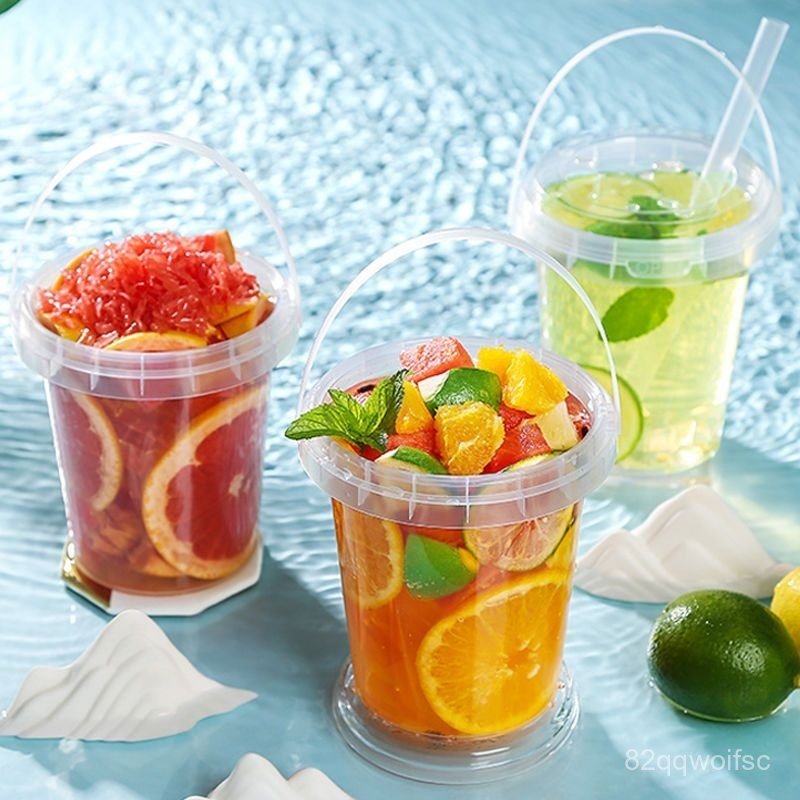 【10ใบ】แก้วถังหูหิ้ว ถังเหล้าปั่น กระปุกพลาสติก 500/700/1000 ml มีฝาโปร่งใส Clear Plastic Bucket E4TG