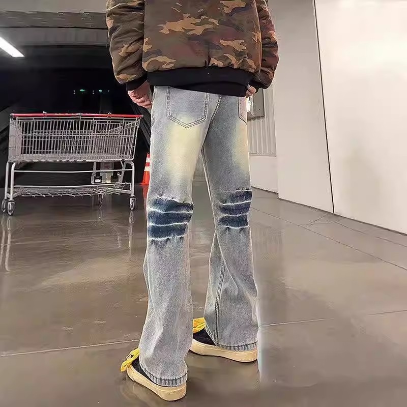 American Retro Cracks Distressed cleanfit Washed Street กางเกงยีนส์ Street Wear High Street Design ก