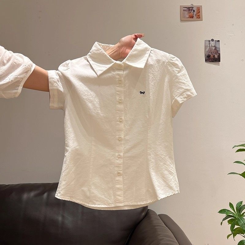 micki~ผู้หญิง เสื้อแขนสั้น เสื้อเชิ้ต วินเทจ เย็บปักถักร้อย ความรู้สึกของการออกแบบ ขั้นสูง แฟชั่น เสื้อ