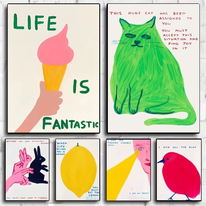 David Shrigley ศิลปะตลก Unframed กันน้ํา HD ผ้าใบ Wall Art โมเดิร์น Minimalism ห้องนั่งเล่นห้องนอนตกแต่งบ้าน