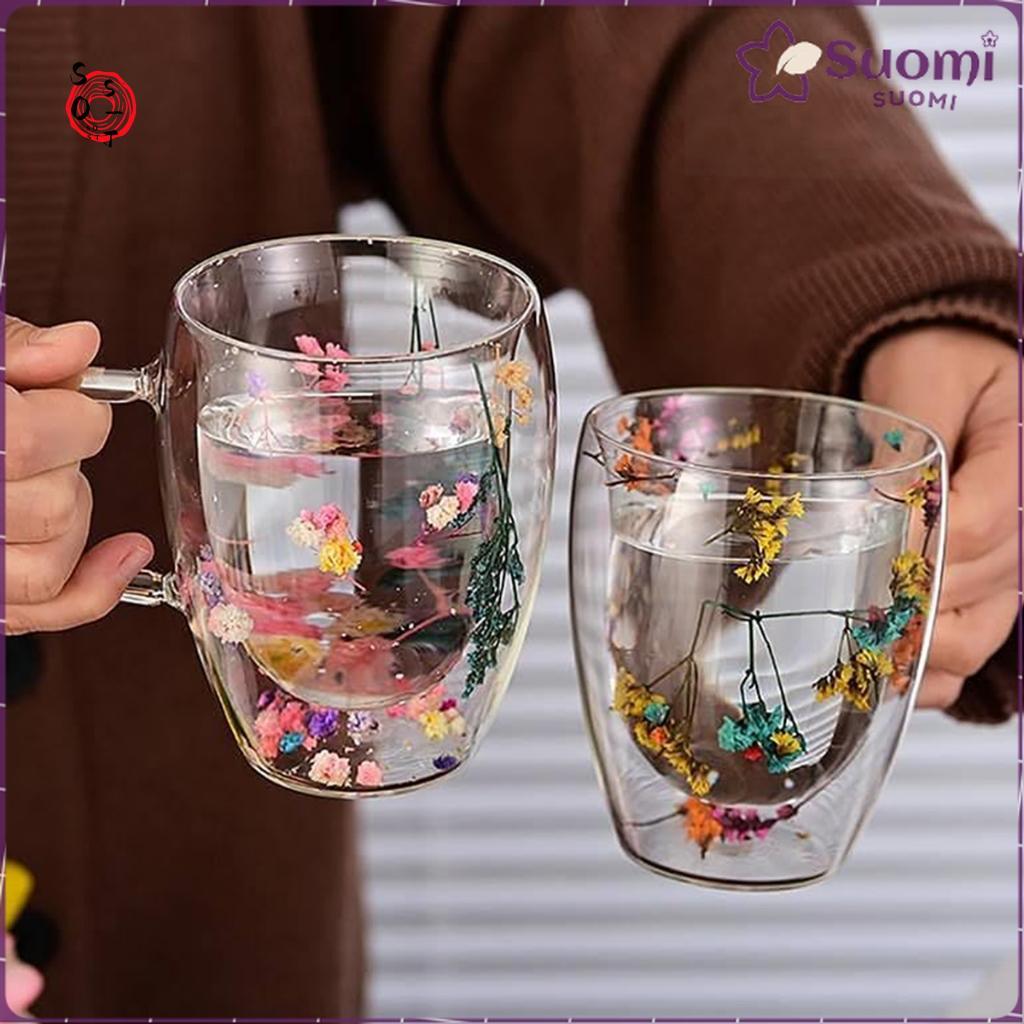 ถ้วยแก้วติดผนังคู่ขนาด 250 มล. 350 มล. พร้อมดอกไม้จริง - ของขวัญทํามือที่สร้างสรรค์