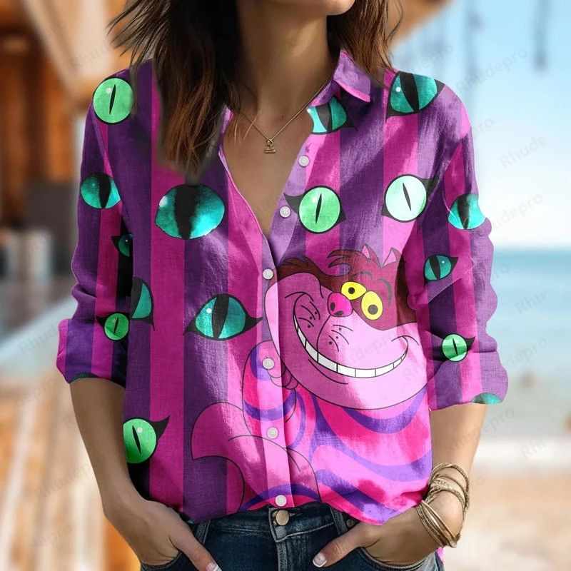 Disney Alice in Wonderland Womens Blouse Shirt Casual Button Up Long Sleeve Shirt Cheshire Cat Stylish Elegant Womens Shirts