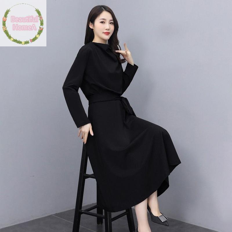BHome ผู้หญิง Mourning สีดําชุดเกาหลีอารมณ์ครึ่งคอเต่าแขนยาว Slim A-line Dress TH