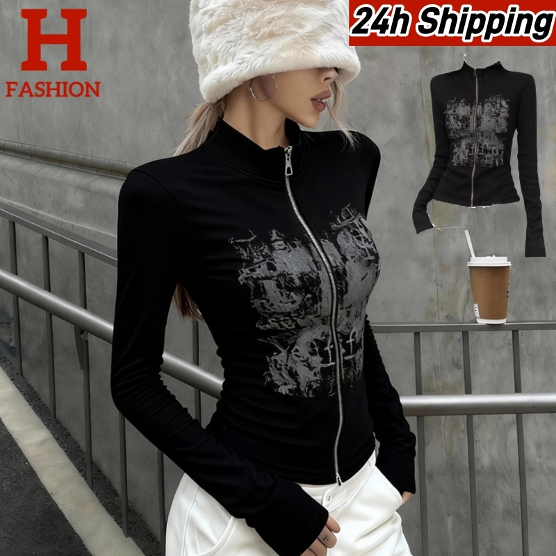HOT 'พร้อมส่ง' FY1230 เสื้อแขนยาว คอกลม ดีเทลลายเท่ๆทรงรัดรูปพอดีๆ