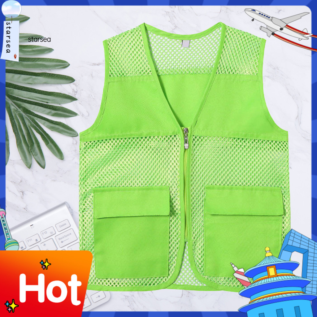 SRA ZK Hollow Out Zipper Placket กระเป๋าคู่ V คอทํางานเสื้อกั๊กอาสาสมัครสีสดใสหลวม Fit Unisex เสื้อก