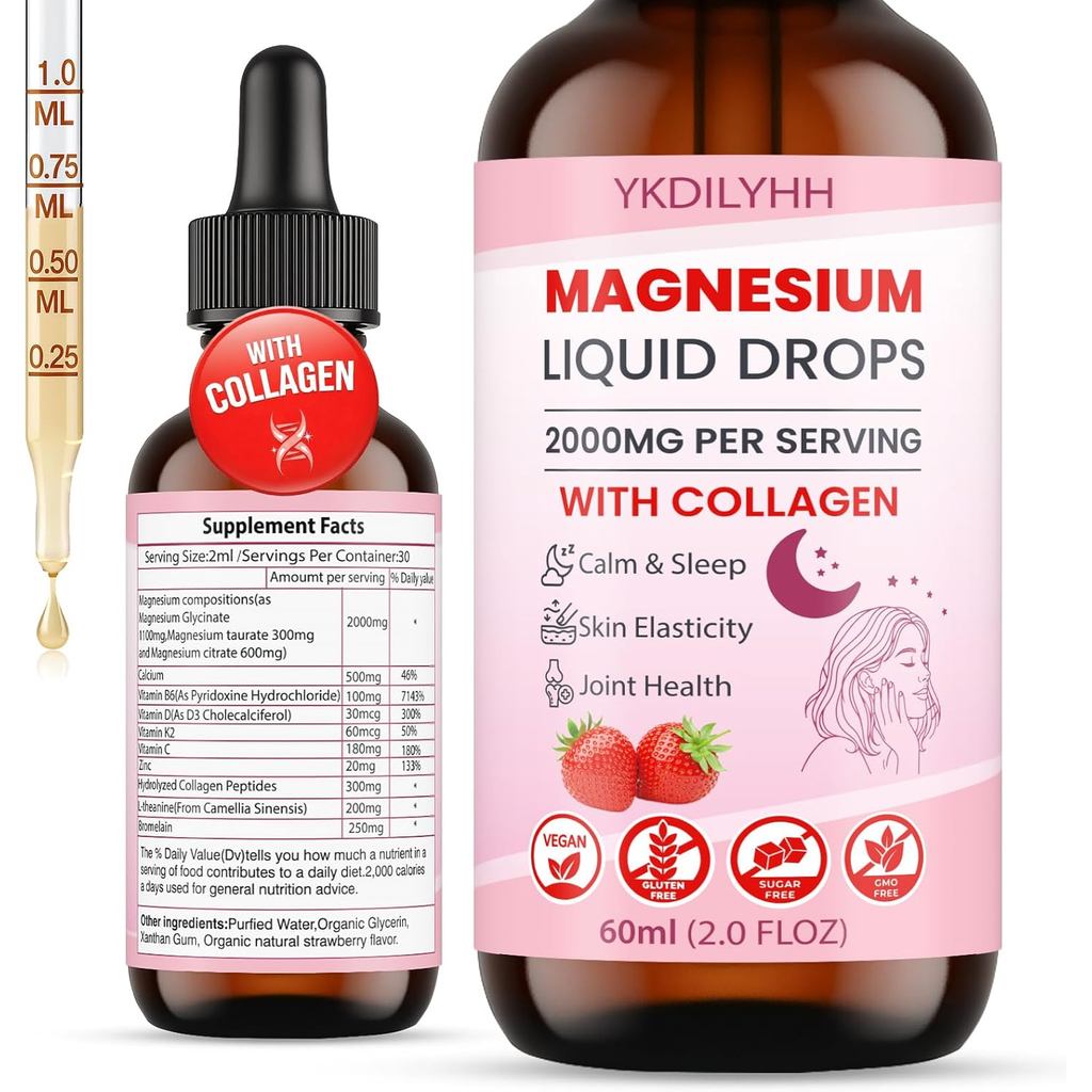 2000 มก. Magnesium Glycinate Liquid Drops, Enrichedด้วยคอลลาเจน, วิตามิน C, D3, B6 และ K2, แมกนีเซีย