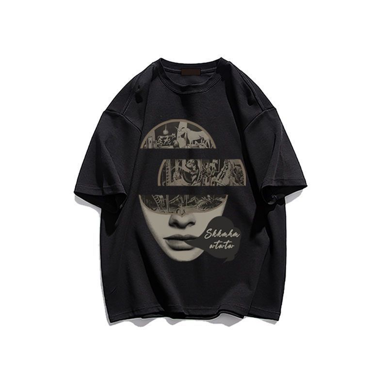 COD American Retro Heavy Character Print Short-Sleeved T-Shirt Women Summer... AI ชื่อ ID: 82026 1LW