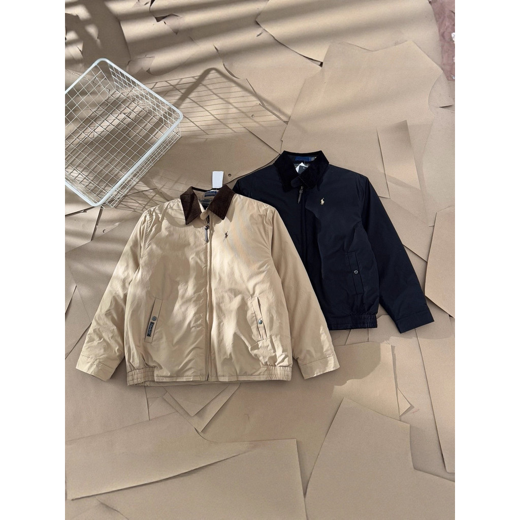 3O1T RL# Vintage Pony Label Thickened Cotton Jacket with Turn-down Collar, Unisex Retro Style Jacket