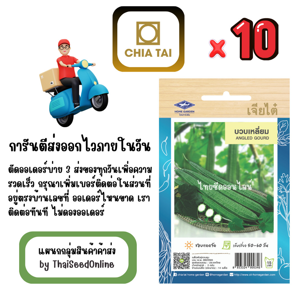 CTOP x 10 เมล็ดผักซองเจียไต๋ บวบเหลี่ยม สินค้ายกแพ็ค
