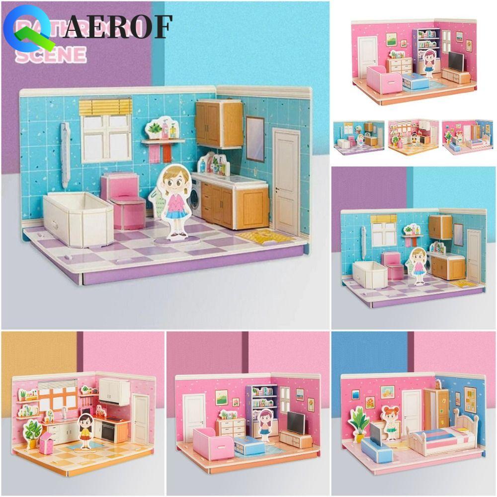 AEROF 3D Room Model Puzzle Toys,กระดาษแข็งห้องครัว 3D Room กระดาษแข็ง,ของเล่นหัตถกรรมห้องห้องนอนทําด