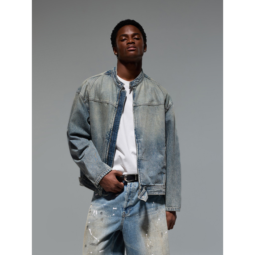 CHINISM 丨 แจ็คเก็ตยีนส์คอตั้งผู้ชาย American Retro Motorcycle Black Denim Jacket Harrington Jacket