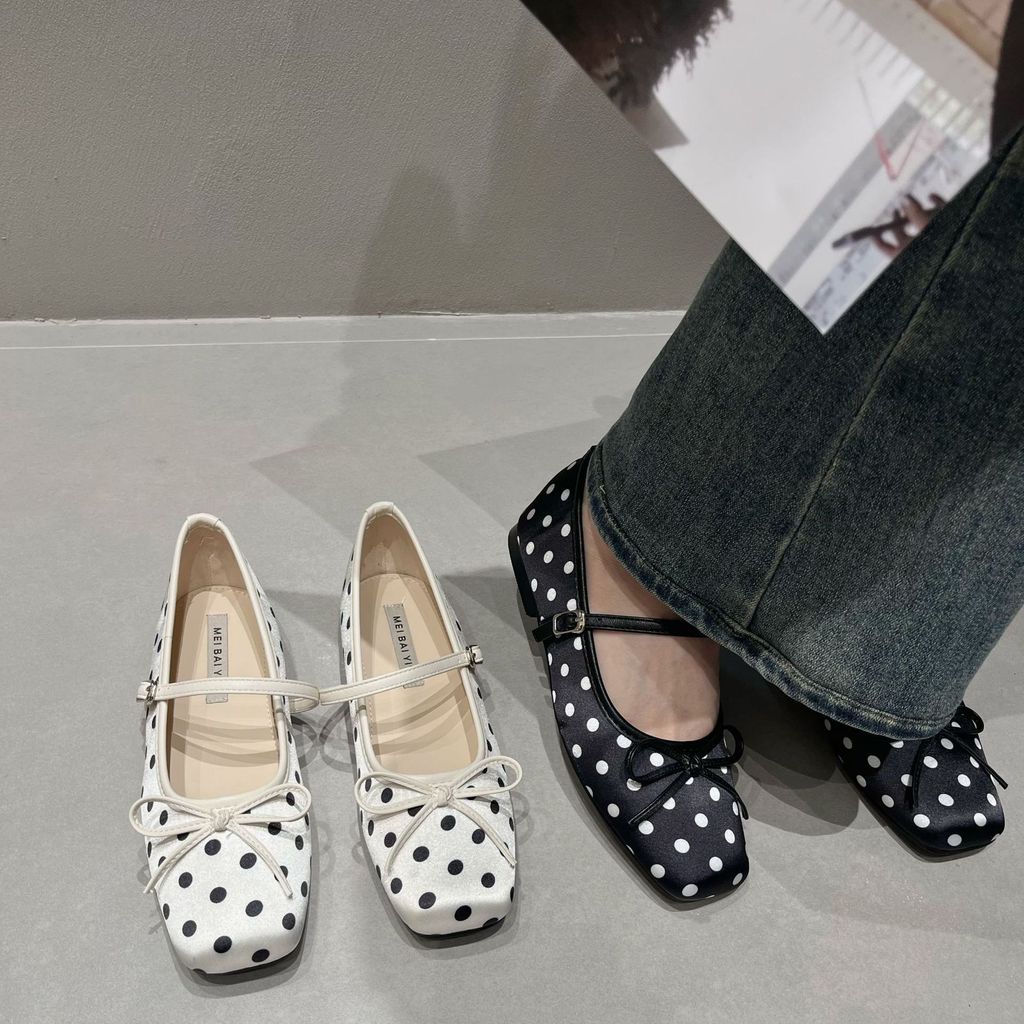 French Retro Polka Dot รองเท้าเดี่ยวขนาดเล็ก Square Toe Mary Jane รองเท้าฤดูร้อนผู้หญิงรองเท้าแบน QZ