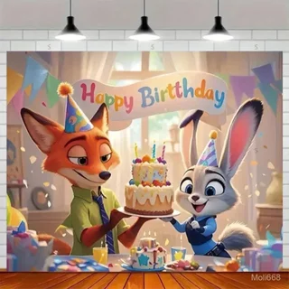 ฉากหลังผ้าสำหรับงานปาร์ตี้วันเกิดเด็กธีม Zootopia ตัวละคร Judy และ Nick ของขวัญธีมงานปาร์ตี้ ฉากหลังปรับแต่งได้