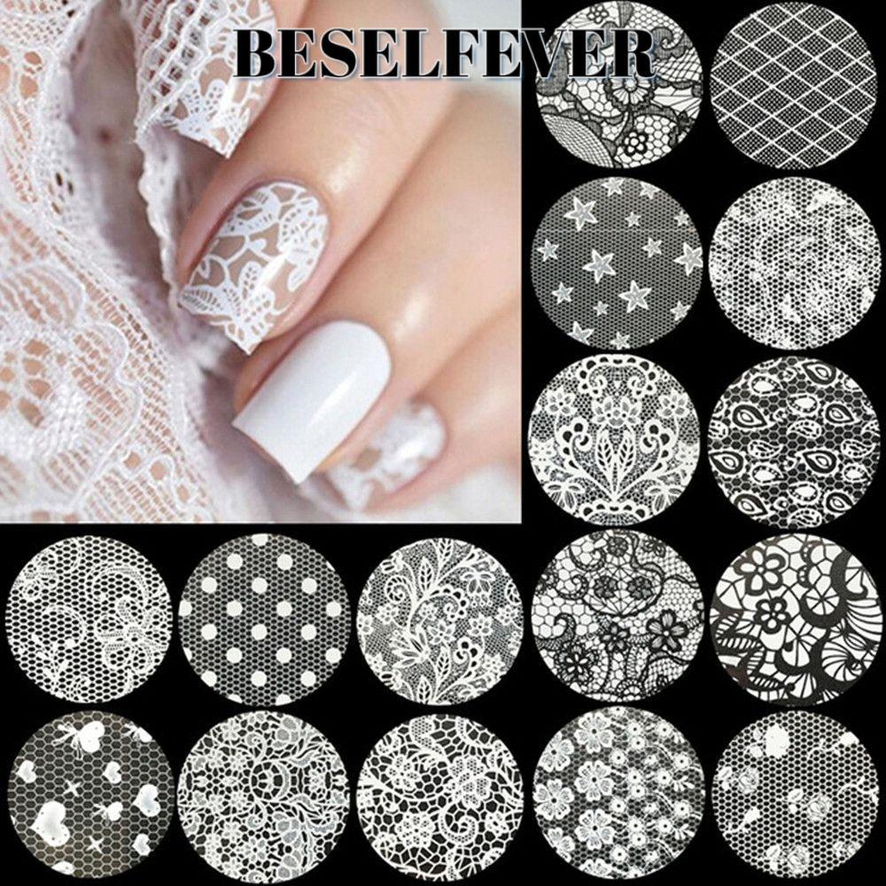 BESELFEVER 16 ชิ้น/เซ็ตชุดฟอยล์เล็บตกแต่งเล็บเล็บฟอยล์สติกเกอร์ DIY สีดําสีขาวลูกไม้