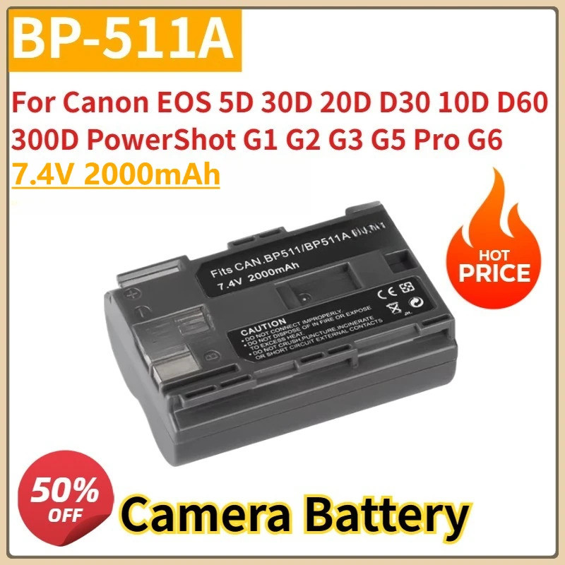 ใหม่เปลี่ยนแบตเตอรี่กล้อง BP-511 BP-511A 7.4V 2000mAh สําหรับ Canon EOS 5D 30D 20D D30 10D D60 300D 